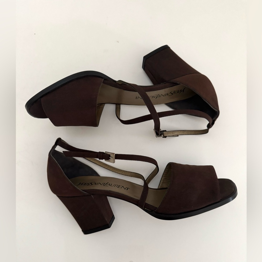 Yves Saint Laurent Vintage Open Toe Block Heel Strappy Sandals Brown Sz.7 Italy - Picture 2 of 11